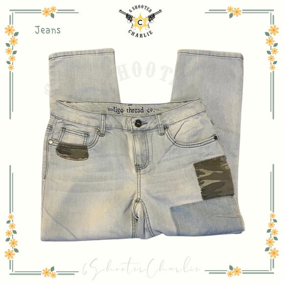 Indigo Thread Denim - Indigo Thread Co Jeans Womens Size 2 Camo Patch Light Wash Stretch Denim Capri